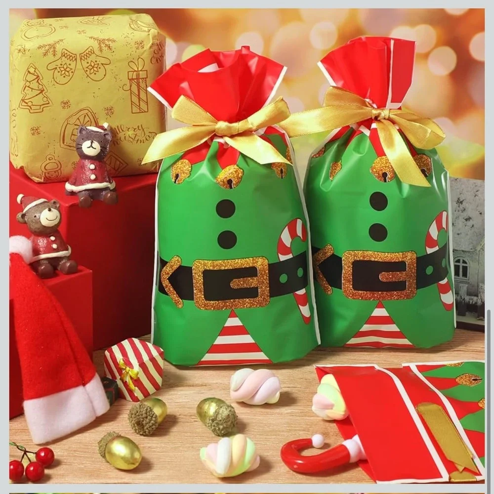 50 Festive Elf Party Favor Bags - Green and Red
